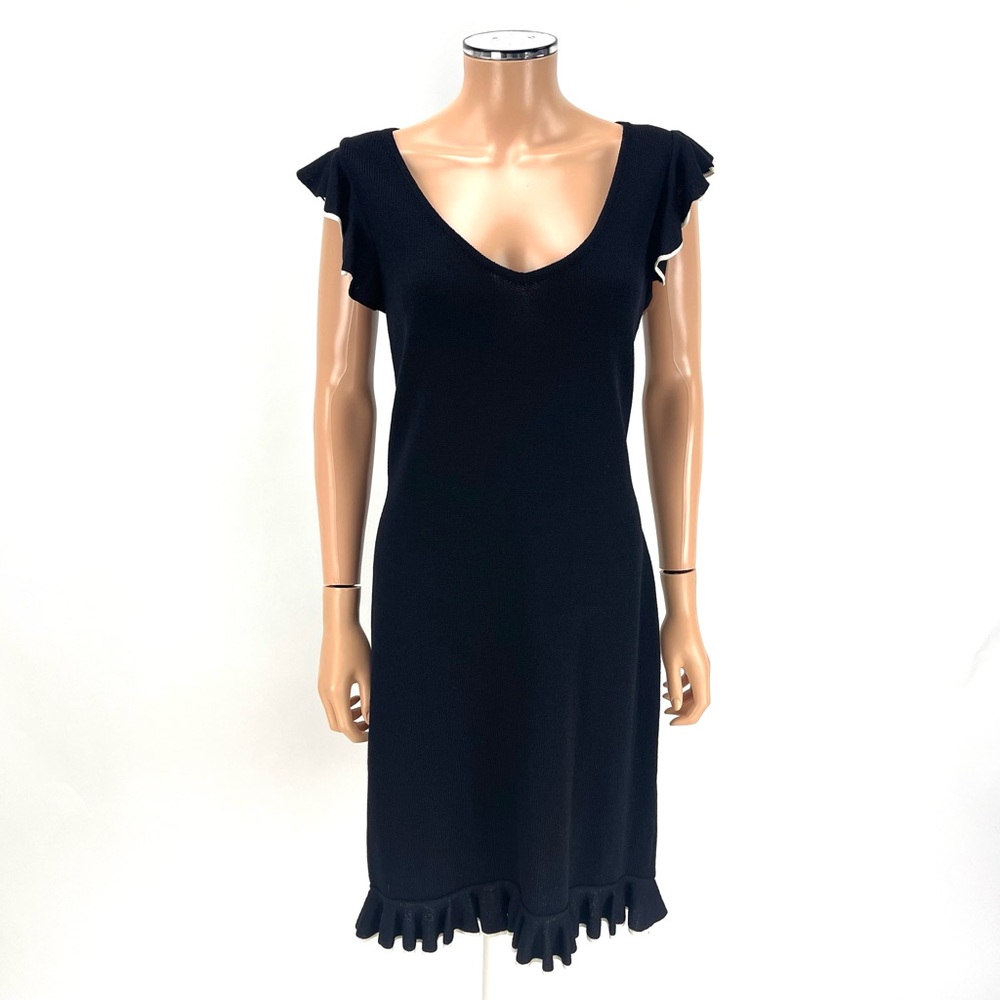 ST JOHN COLLECTION Ruffle Sheath Dress SIZE 8 Black White Flutter Santana Knits